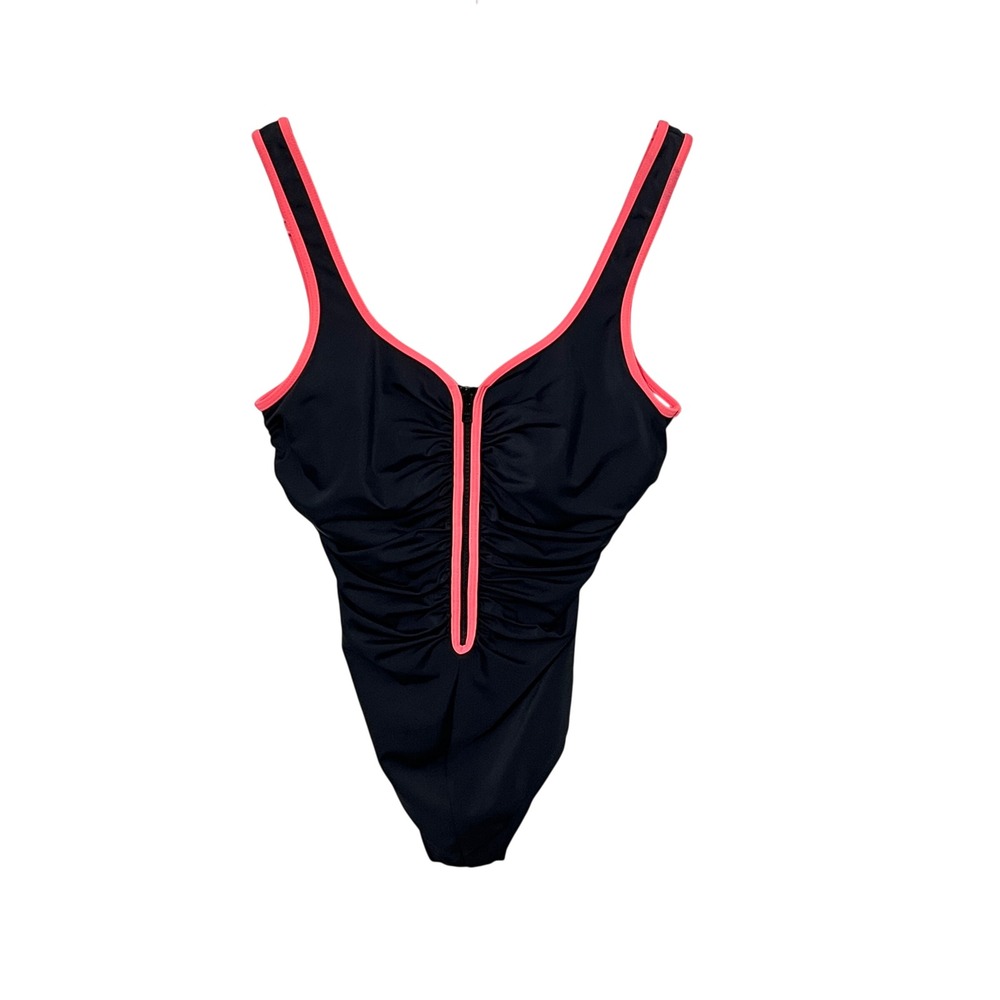 Reebok One Piece Swimsuit Womens 10 Black Pink Ruched Colorblock Athletic
